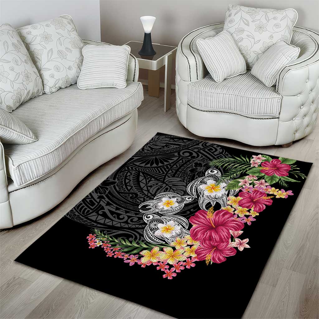 Hawaiian Tropical Flowers and Tribal Turtles Area Rug Polynesian Art Motifs Black Color LT03 - Polynesian Pride
