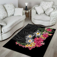 Hawaiian Tropical Flowers and Tribal Turtles Area Rug Polynesian Art Motifs Black Color LT03 - Polynesian Pride