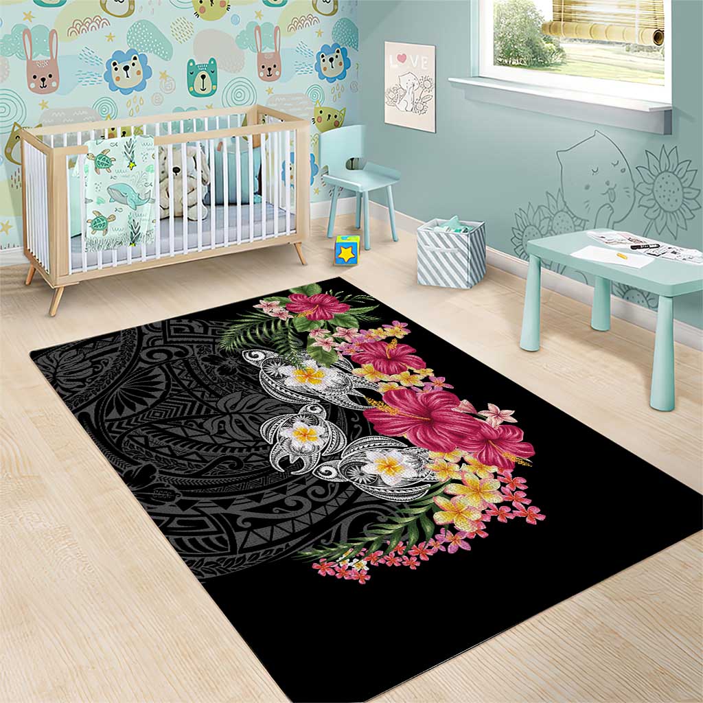 Hawaiian Tropical Flowers and Tribal Turtles Area Rug Polynesian Art Motifs Black Color LT03 - Polynesian Pride