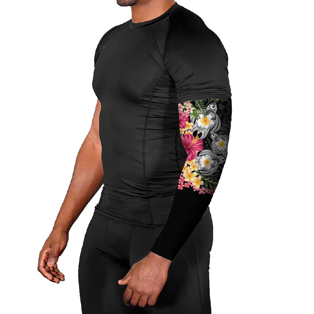 Hawaiian Tropical Flowers and Tribal Turtles Arm Sleeves Polynesian Art Motifs Black Color LT03 - Polynesian Pride