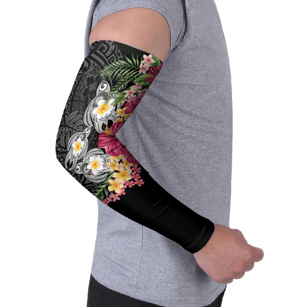 Hawaiian Tropical Flowers and Tribal Turtles Arm Sleeves Polynesian Art Motifs Black Color LT03 - Polynesian Pride