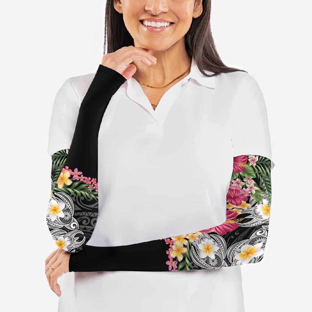Hawaiian Tropical Flowers and Tribal Turtles Arm Sleeves Polynesian Art Motifs Black Color LT03 - Polynesian Pride