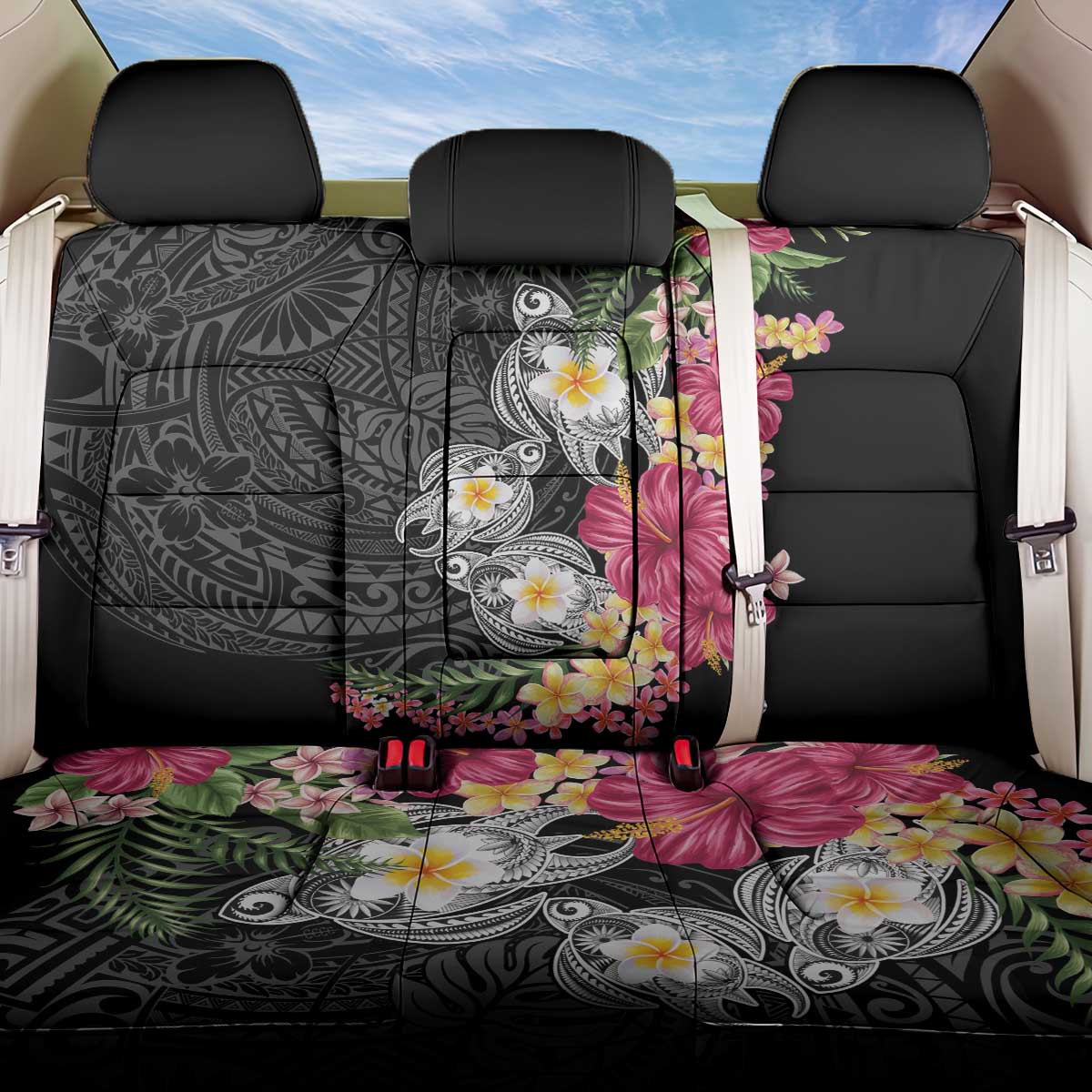 Hawaiian Tropical Flowers and Tribal Turtles Back Car Seat Cover Polynesian Art Motifs Black Color LT03 One Size Black - Polynesian Pride