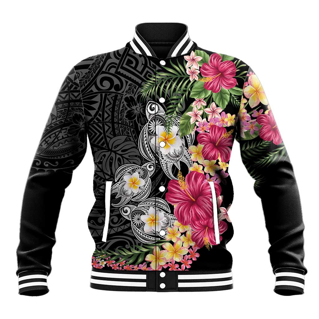 Hawaiian Tropical Flowers and Tribal Turtles Baseball Jacket Polynesian Art Motifs Black Color LT03 Unisex Black - Polynesian Pride