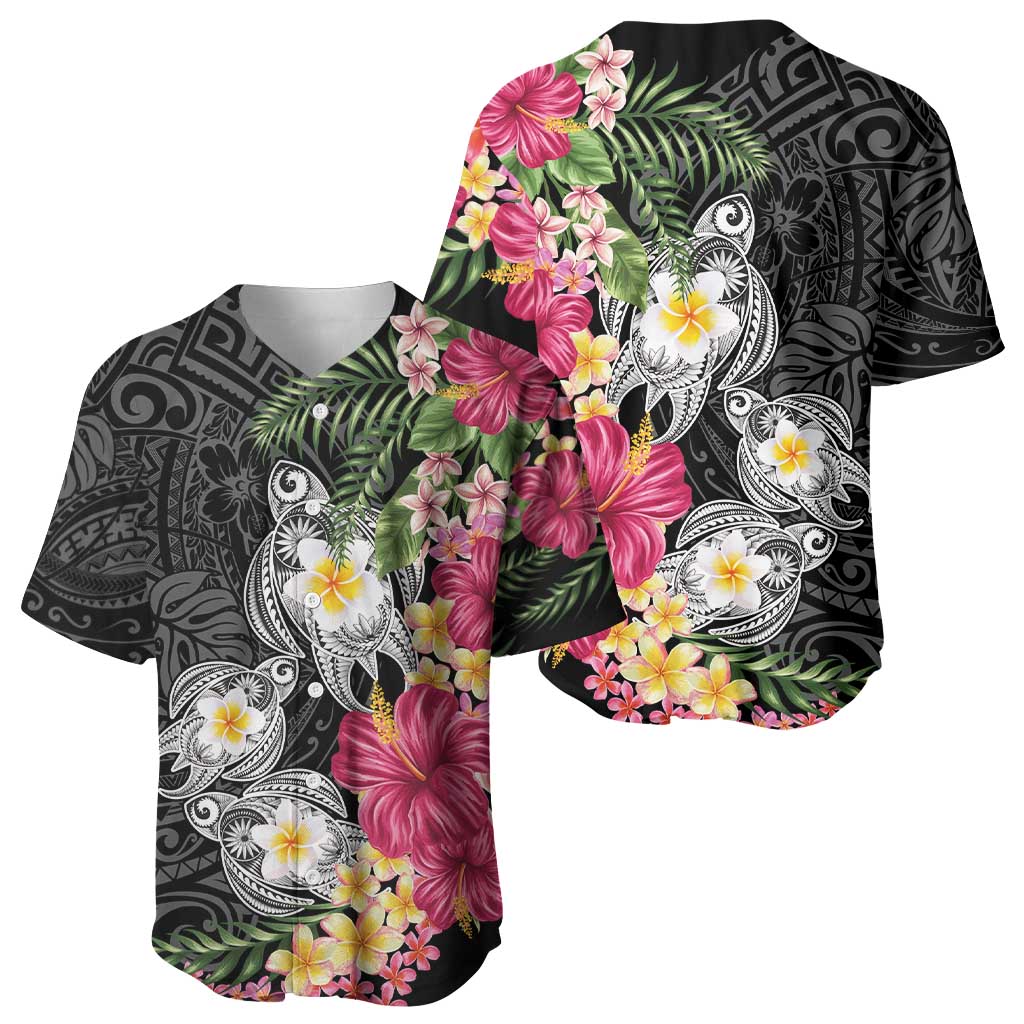 Hawaiian Tropical Flowers and Tribal Turtles Baseball Jersey Polynesian Art Motifs Black Color LT03 - Polynesian Pride
