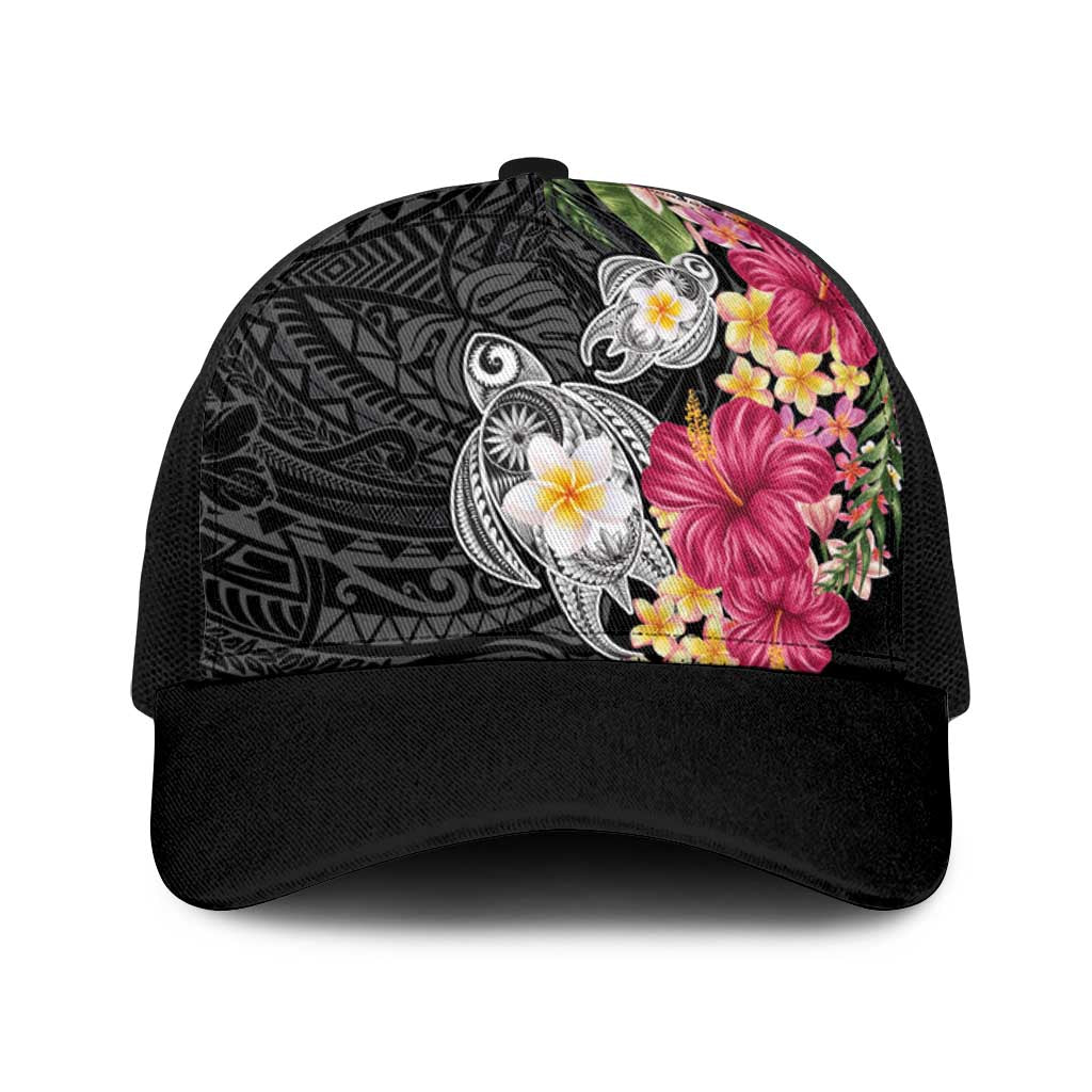 Hawaiian Tropical Flowers and Tribal Turtles Baseball Net Cap Polynesian Art Motifs Black Color LT03 One Size Black Black - Polynesian Pride