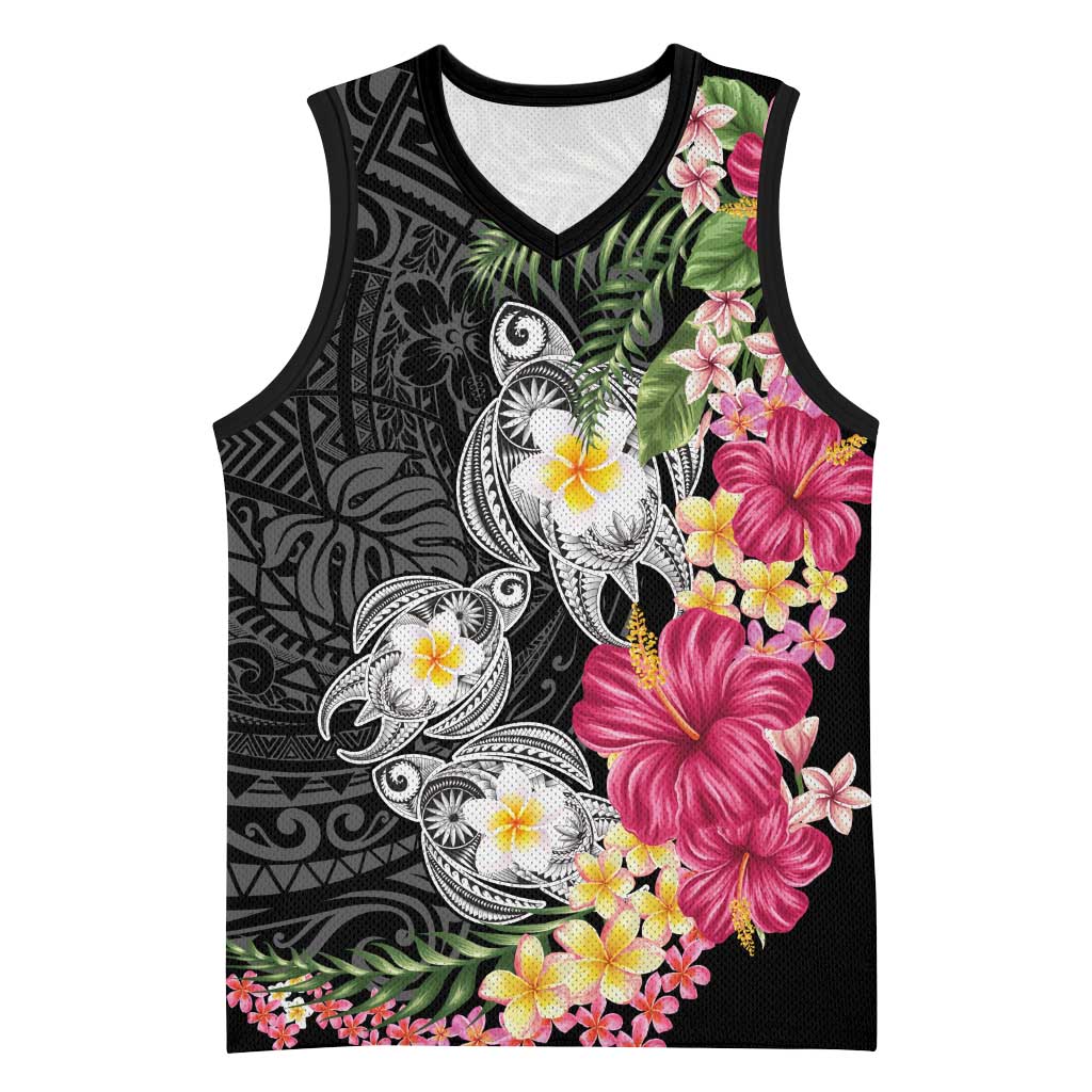 Hawaiian Tropical Flowers and Tribal Turtles Basketball Jersey Polynesian Art Motifs Black Color LT03 Unisex Black - Polynesian Pride