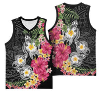 Hawaiian Tropical Flowers and Tribal Turtles Basketball Jersey Polynesian Art Motifs Black Color LT03 - Polynesian Pride