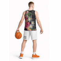 Hawaiian Tropical Flowers and Tribal Turtles Basketball Jersey Polynesian Art Motifs Black Color LT03 - Polynesian Pride