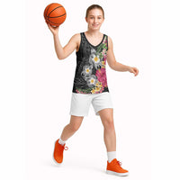 Hawaiian Tropical Flowers and Tribal Turtles Basketball Jersey Polynesian Art Motifs Black Color LT03 - Polynesian Pride