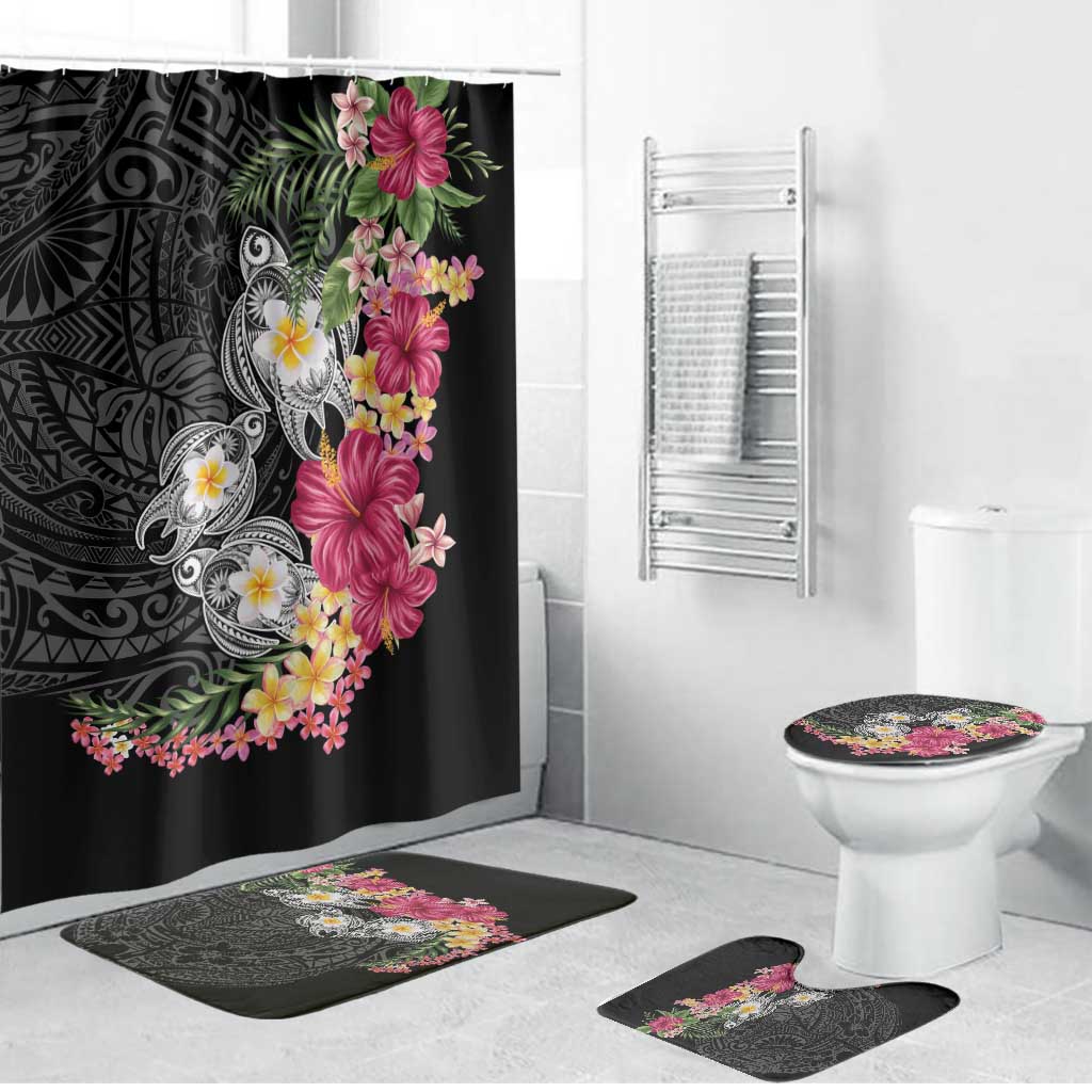 Hawaiian Tropical Flowers and Tribal Turtles Bathroom Set Polynesian Art Motifs Black Color LT03 Bathroom Set (4 pcs) Black - Polynesian Pride