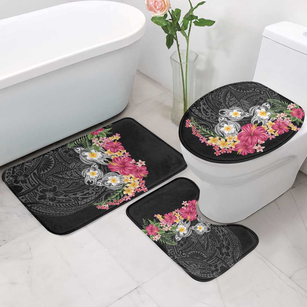 Hawaiian Tropical Flowers and Tribal Turtles Bathroom Set Polynesian Art Motifs Black Color LT03 - Polynesian Pride