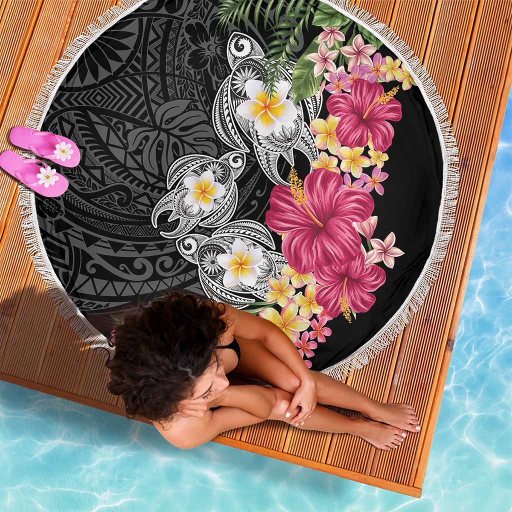 Hawaiian Tropical Flowers and Tribal Turtles Beach Blanket Polynesian Art Motifs Black Color LT03 - Polynesian Pride