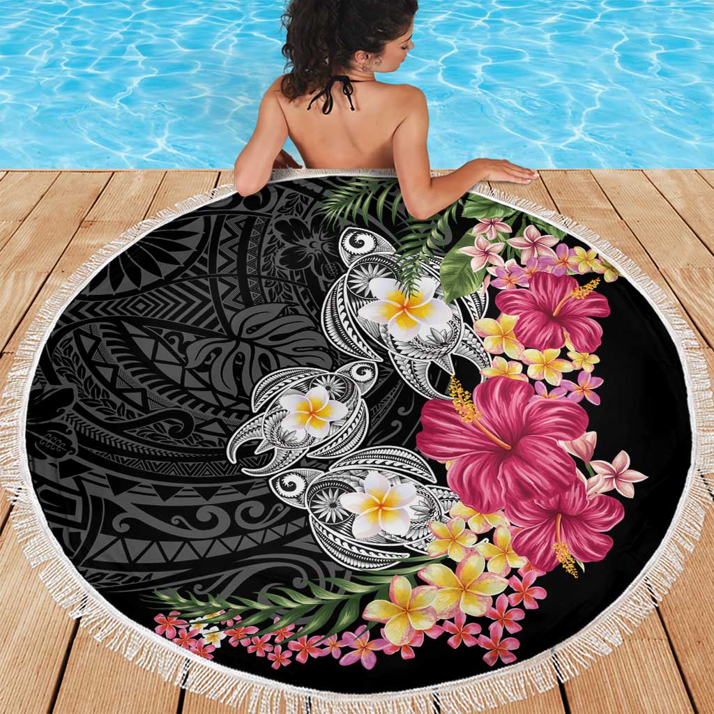 Hawaiian Tropical Flowers and Tribal Turtles Beach Blanket Polynesian Art Motifs Black Color LT03 - Polynesian Pride