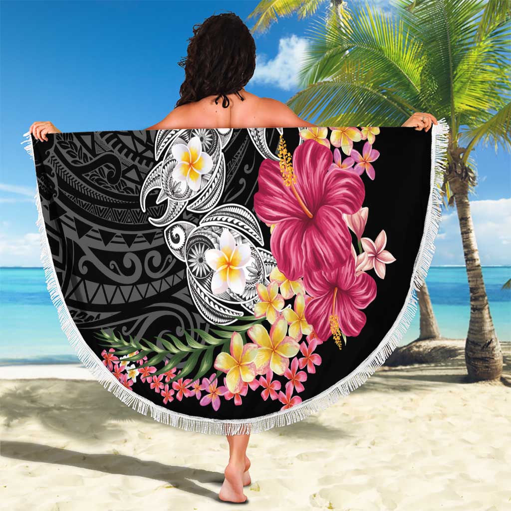 Hawaiian Tropical Flowers and Tribal Turtles Beach Blanket Polynesian Art Motifs Black Color LT03 - Polynesian Pride