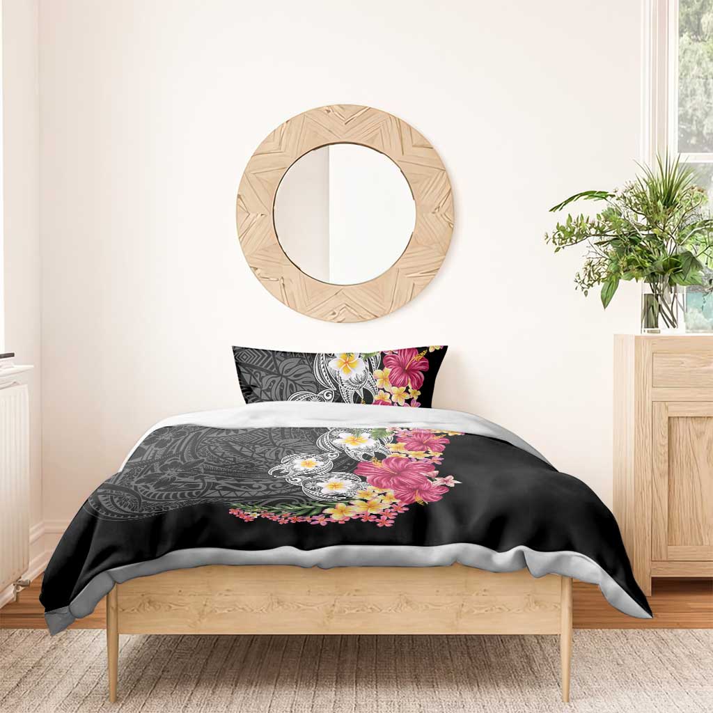 Hawaiian Tropical Flowers and Tribal Turtles Bedding Set Polynesian Art Motifs Black Color LT03 - Polynesian Pride