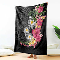 Hawaiian Tropical Flowers and Tribal Turtles Blanket Polynesian Art Motifs Black Color LT03 - Polynesian Pride
