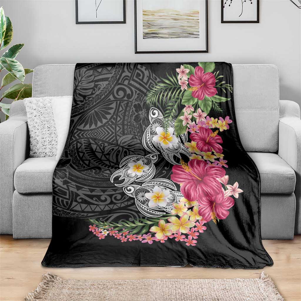 Hawaiian Tropical Flowers and Tribal Turtles Blanket Polynesian Art Motifs Black Color LT03 - Polynesian Pride