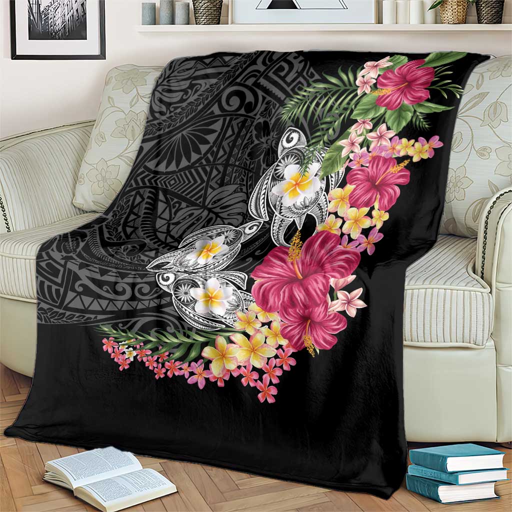 Hawaiian Tropical Flowers and Tribal Turtles Blanket Polynesian Art Motifs Black Color LT03 - Polynesian Pride