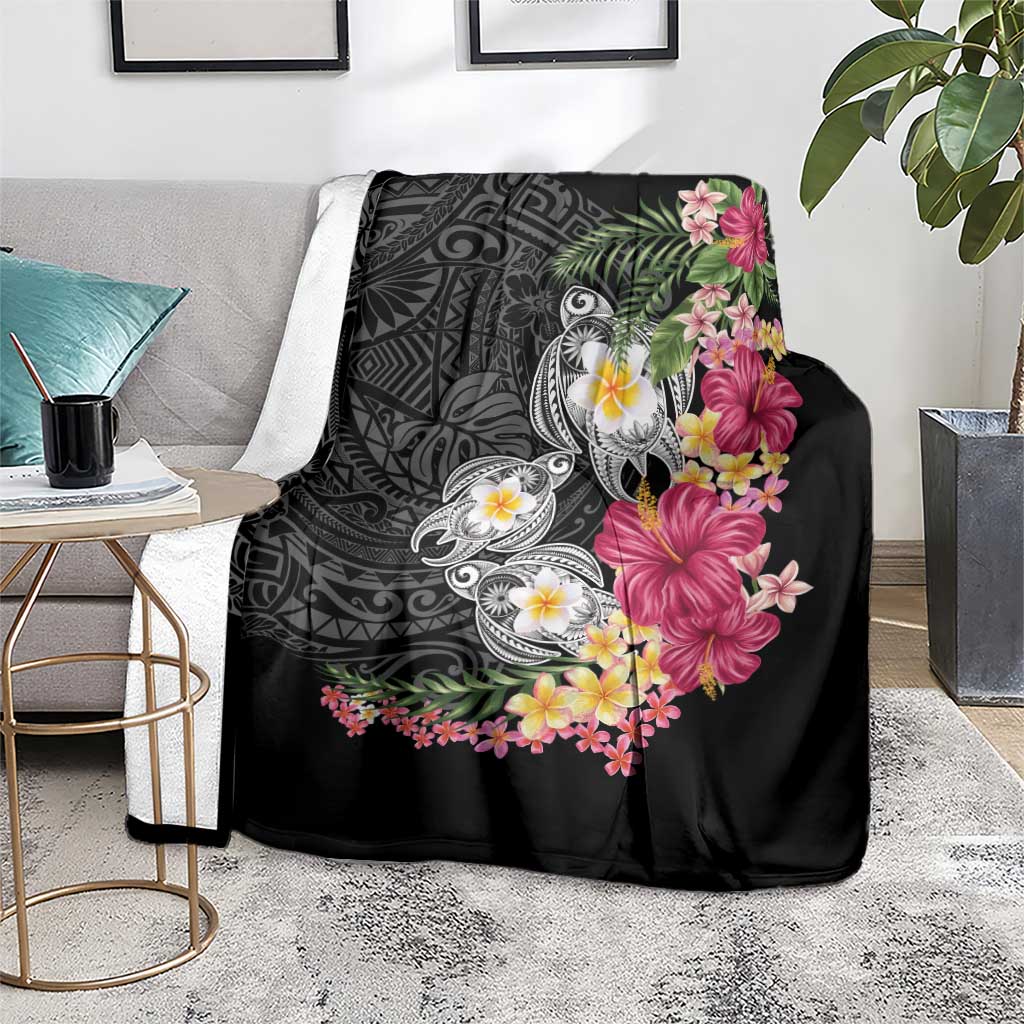 Hawaiian Tropical Flowers and Tribal Turtles Blanket Polynesian Art Motifs Black Color LT03 - Polynesian Pride