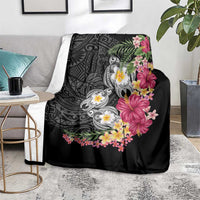 Hawaiian Tropical Flowers and Tribal Turtles Blanket Polynesian Art Motifs Black Color LT03 - Polynesian Pride