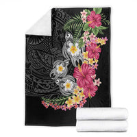 Hawaiian Tropical Flowers and Tribal Turtles Blanket Polynesian Art Motifs Black Color LT03 - Polynesian Pride