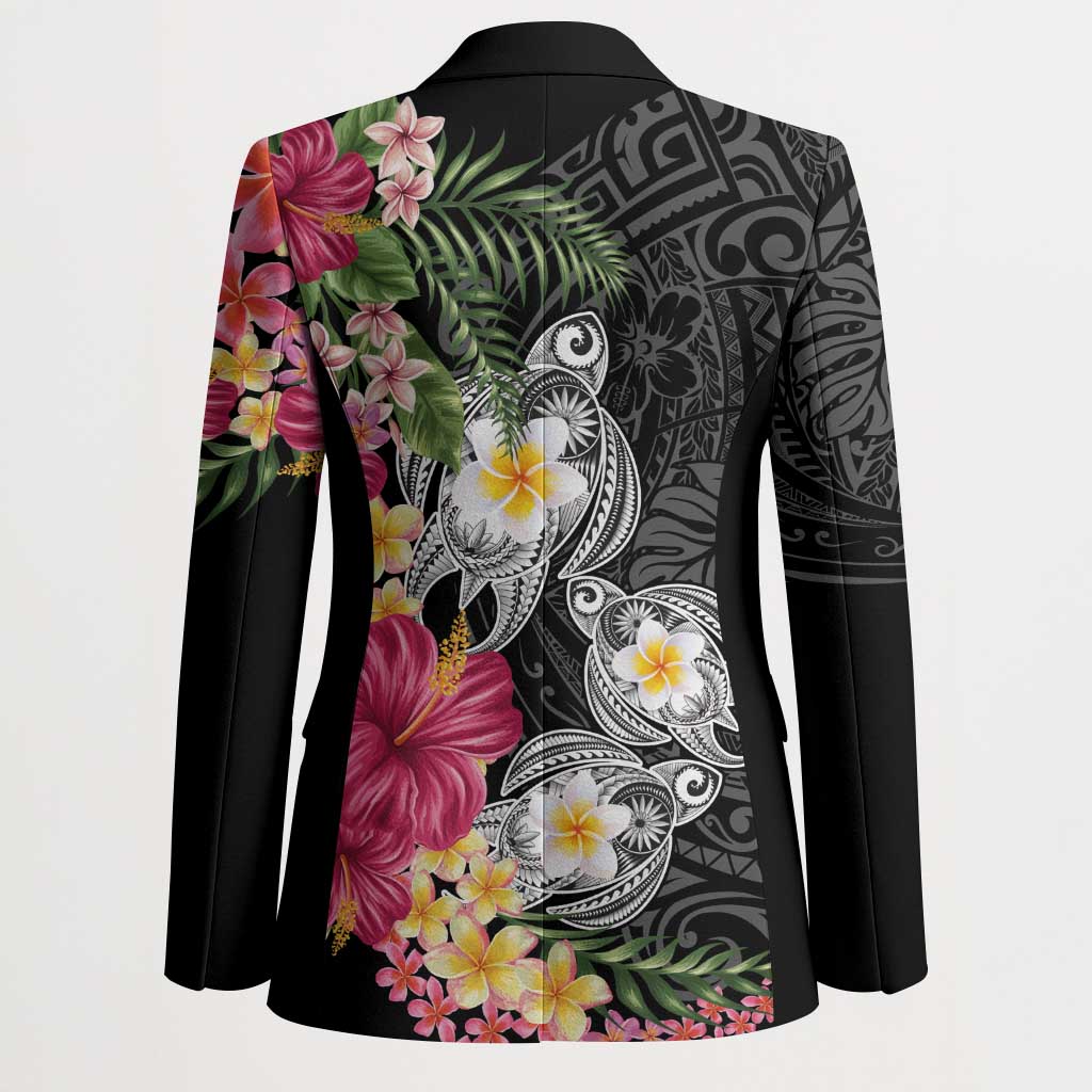 Hawaiian Tropical Flowers and Tribal Turtles Blazer Polynesian Art Motifs Black Color LT03 - Polynesian Pride