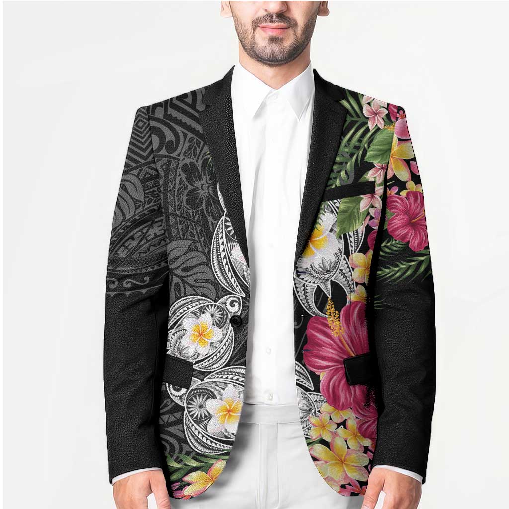 Hawaiian Tropical Flowers and Tribal Turtles Blazer Polynesian Art Motifs Black Color LT03 - Polynesian Pride