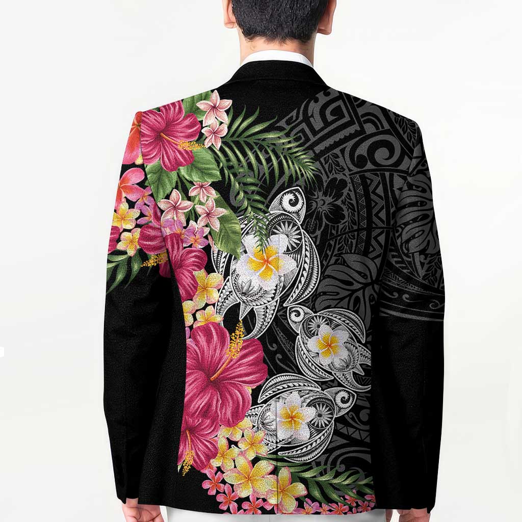 Hawaiian Tropical Flowers and Tribal Turtles Blazer Polynesian Art Motifs Black Color LT03 - Polynesian Pride