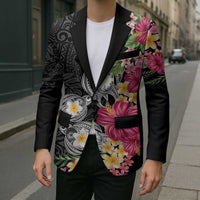 Hawaiian Tropical Flowers and Tribal Turtles Blazer Polynesian Art Motifs Black Color LT03 - Polynesian Pride