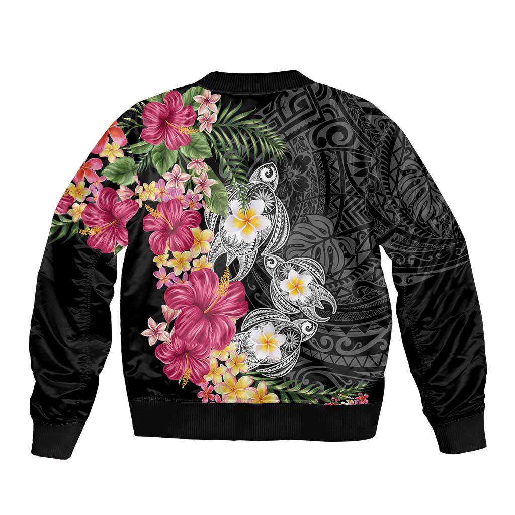 Hawaiian Tropical Flowers and Tribal Turtles Bomber Jacket Polynesian Art Motifs Black Color LT03 - Polynesian Pride