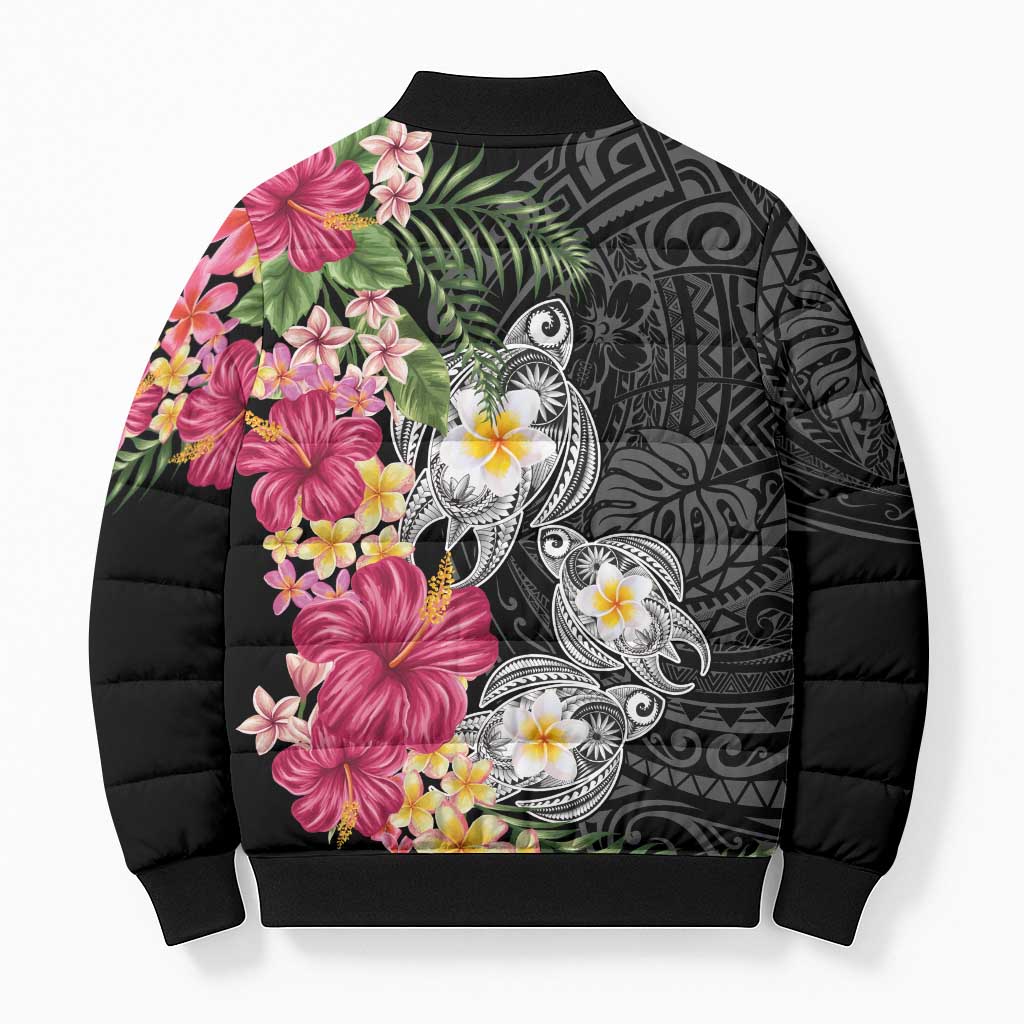 Hawaiian Tropical Flowers and Tribal Turtles Bomber Puffer Jacket Polynesian Art Motifs Black Color LT03 - Polynesian Pride