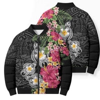 Hawaiian Tropical Flowers and Tribal Turtles Bomber Puffer Jacket Polynesian Art Motifs Black Color LT03 - Polynesian Pride