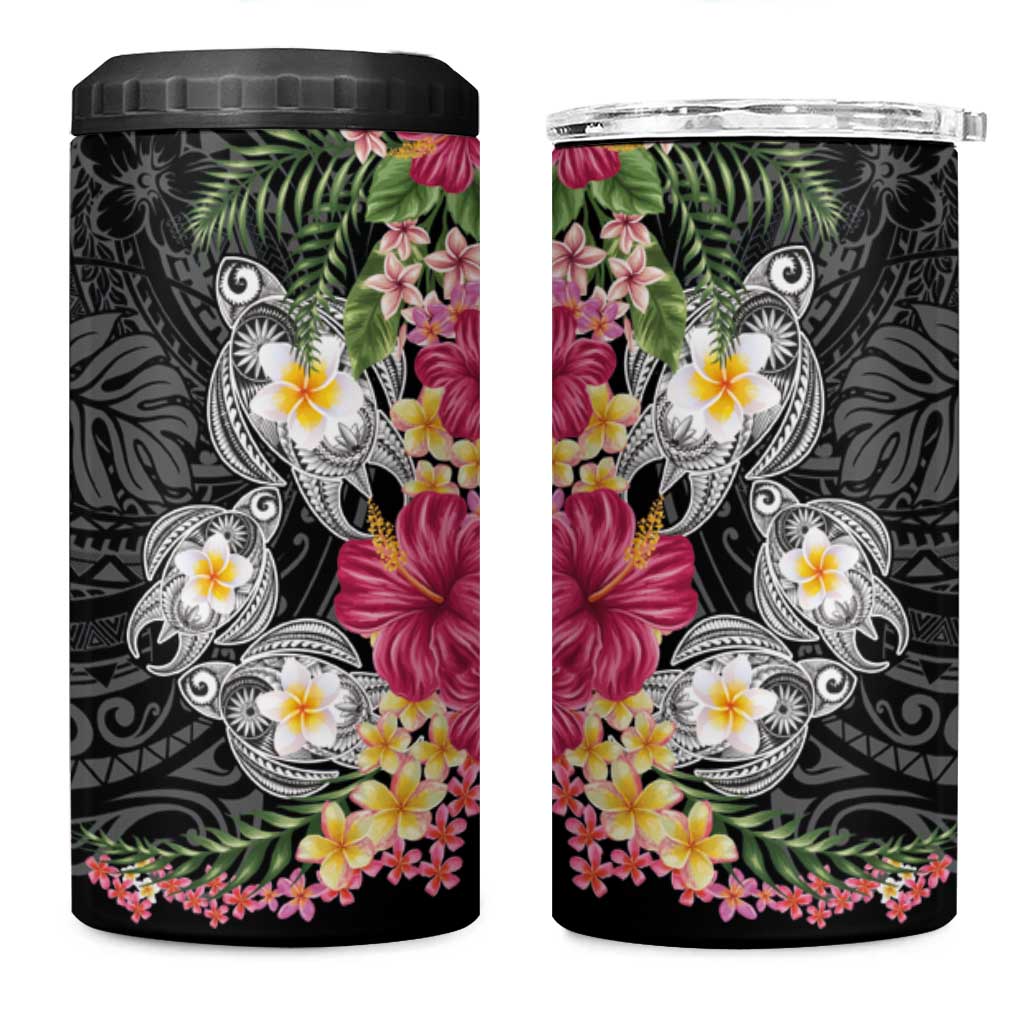 Hawaiian Tropical Flowers and Tribal Turtles 4 in 1 Can Cooler Tumbler Polynesian Art Motifs Black Color LT03 One Size: 16 oz Black - Polynesian Pride