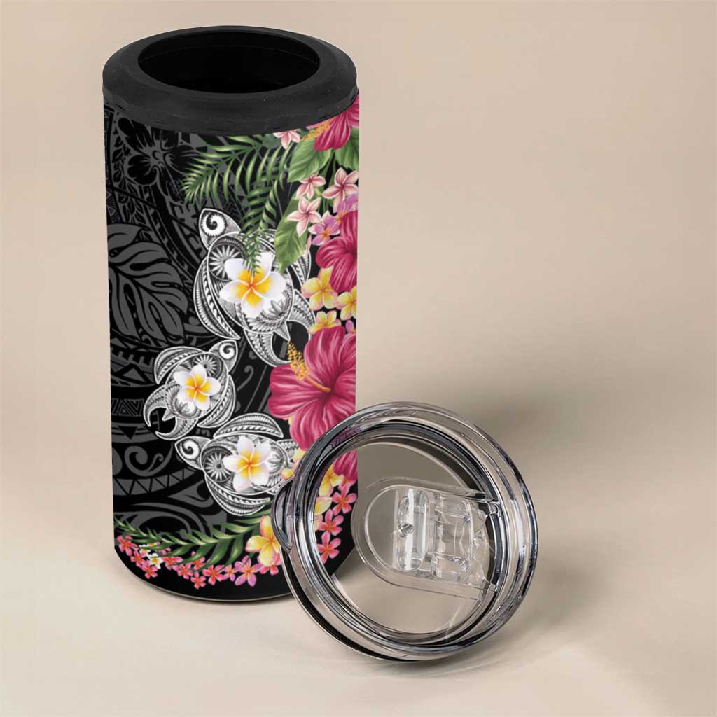 Hawaiian Tropical Flowers and Tribal Turtles 4 in 1 Can Cooler Tumbler Polynesian Art Motifs Black Color LT03 - Polynesian Pride