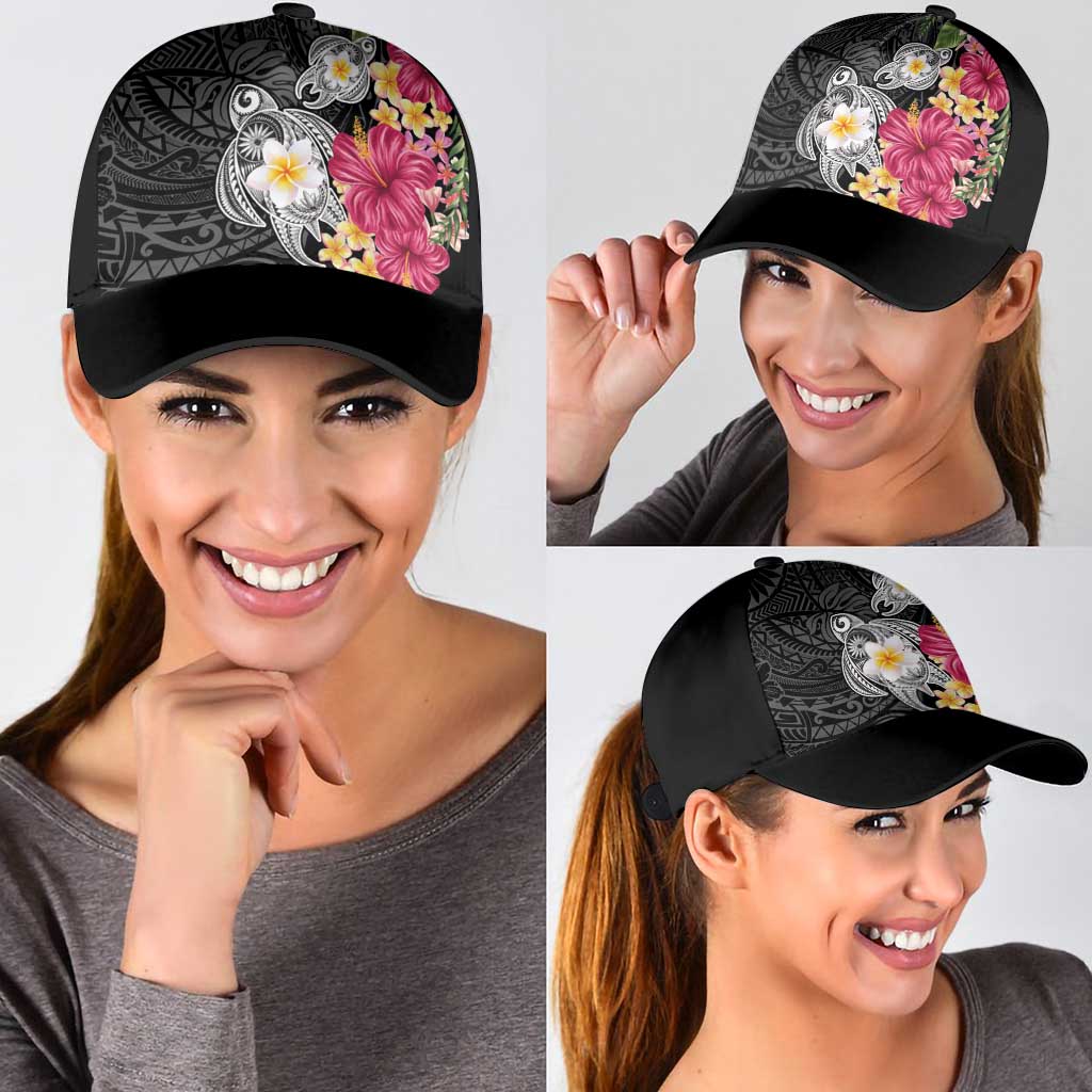 Hawaiian Tropical Flowers and Tribal Turtles Classic Cap Polynesian Art Motifs Black Color LT03 - Polynesian Pride