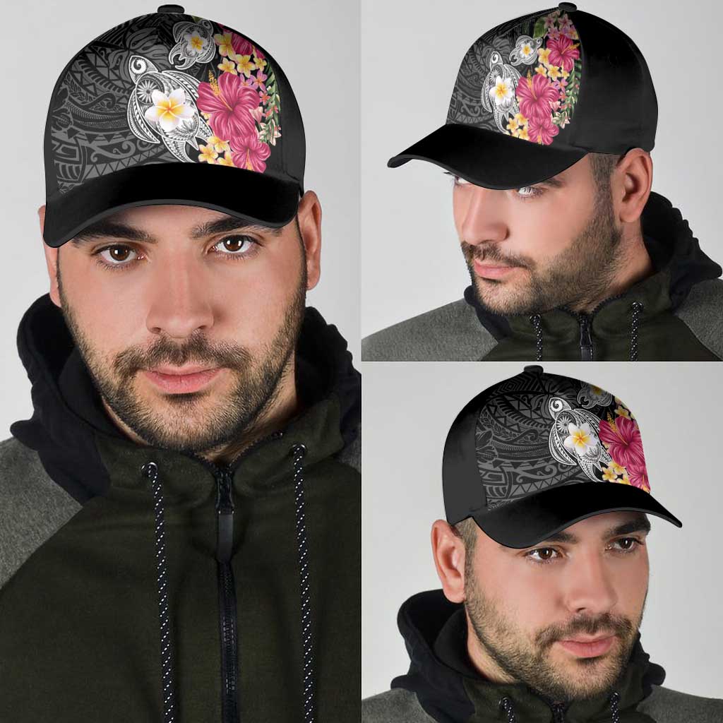 Hawaiian Tropical Flowers and Tribal Turtles Classic Cap Polynesian Art Motifs Black Color LT03 - Polynesian Pride