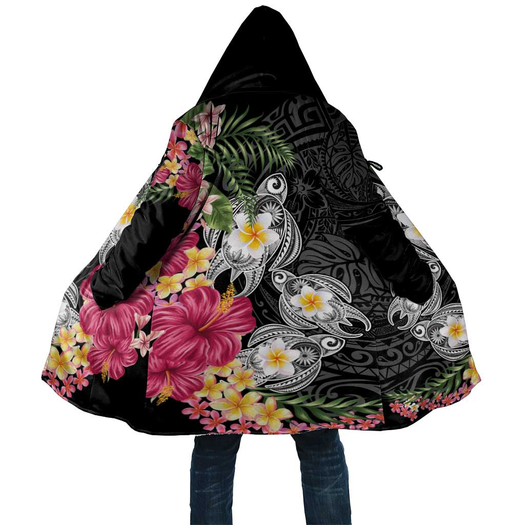 Hawaiian Tropical Flowers and Tribal Turtles Cloak Polynesian Art Motifs Black Color LT03 Unisex Black - Polynesian Pride