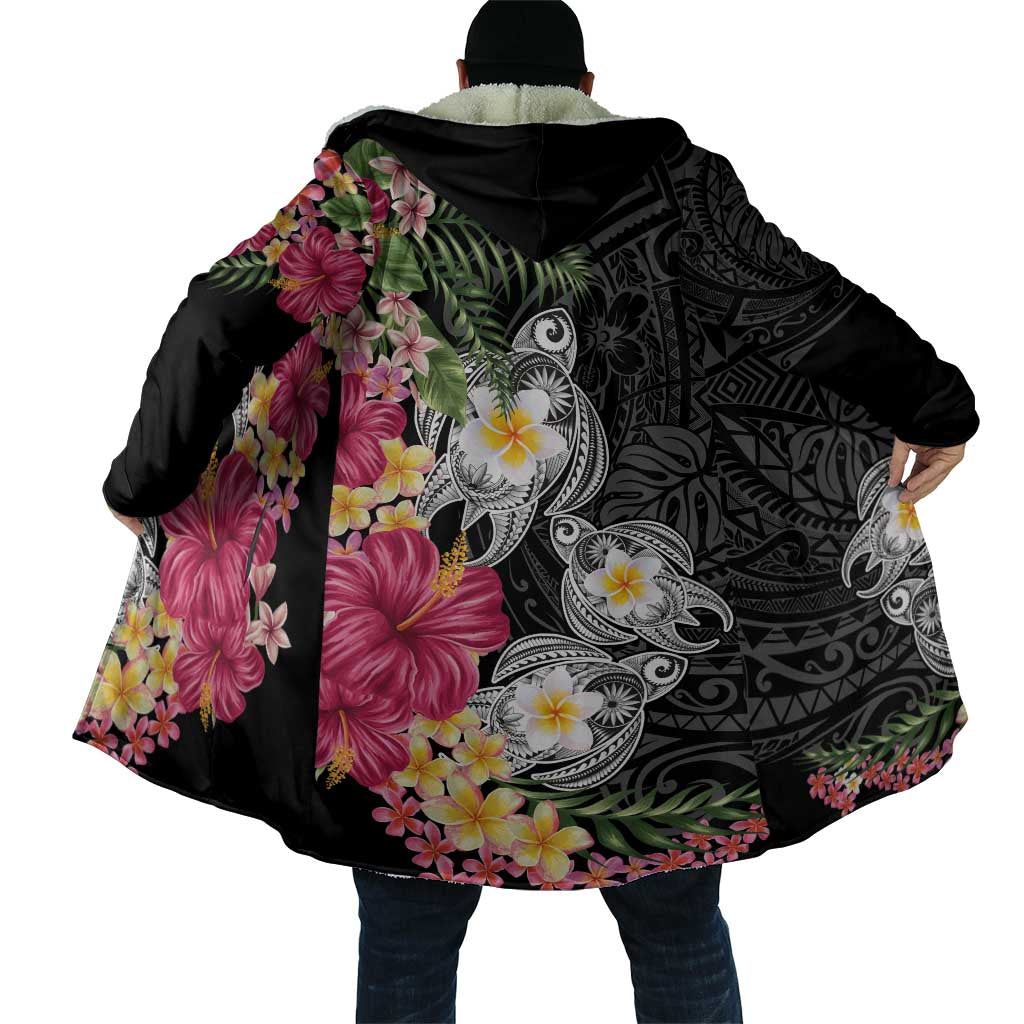 Hawaiian Tropical Flowers and Tribal Turtles Cloak Polynesian Art Motifs Black Color LT03 - Polynesian Pride