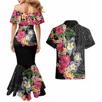 Hawaiian Tropical Flowers and Tribal Turtles Couples Matching Mermaid Dress and Hawaiian Shirt Polynesian Art Motifs Black Color LT03 - Polynesian Pride