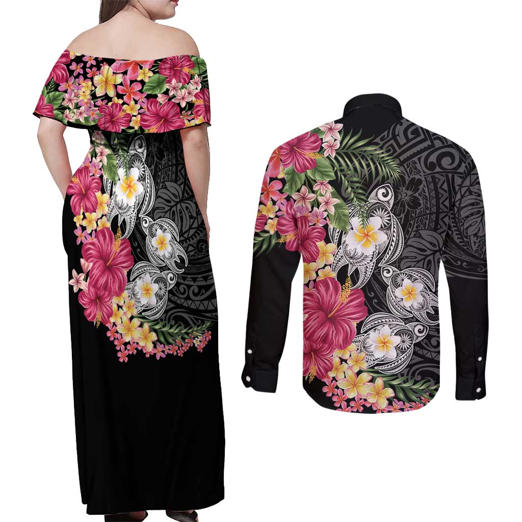 Hawaiian Tropical Flowers and Tribal Turtles Couples Matching Off Shoulder Maxi Dress and Long Sleeve Button Shirt Polynesian Art Motifs Black Color LT03 - Polynesian Pride