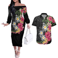 Hawaiian Tropical Flowers and Tribal Turtles Couples Matching Off The Shoulder Long Sleeve Dress and Hawaiian Shirt Polynesian Art Motifs Black Color LT03 Black - Polynesian Pride