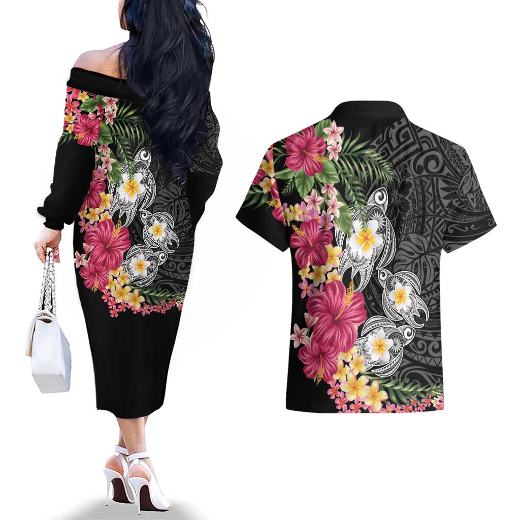 Hawaiian Tropical Flowers and Tribal Turtles Couples Matching Off The Shoulder Long Sleeve Dress and Hawaiian Shirt Polynesian Art Motifs Black Color LT03 - Polynesian Pride
