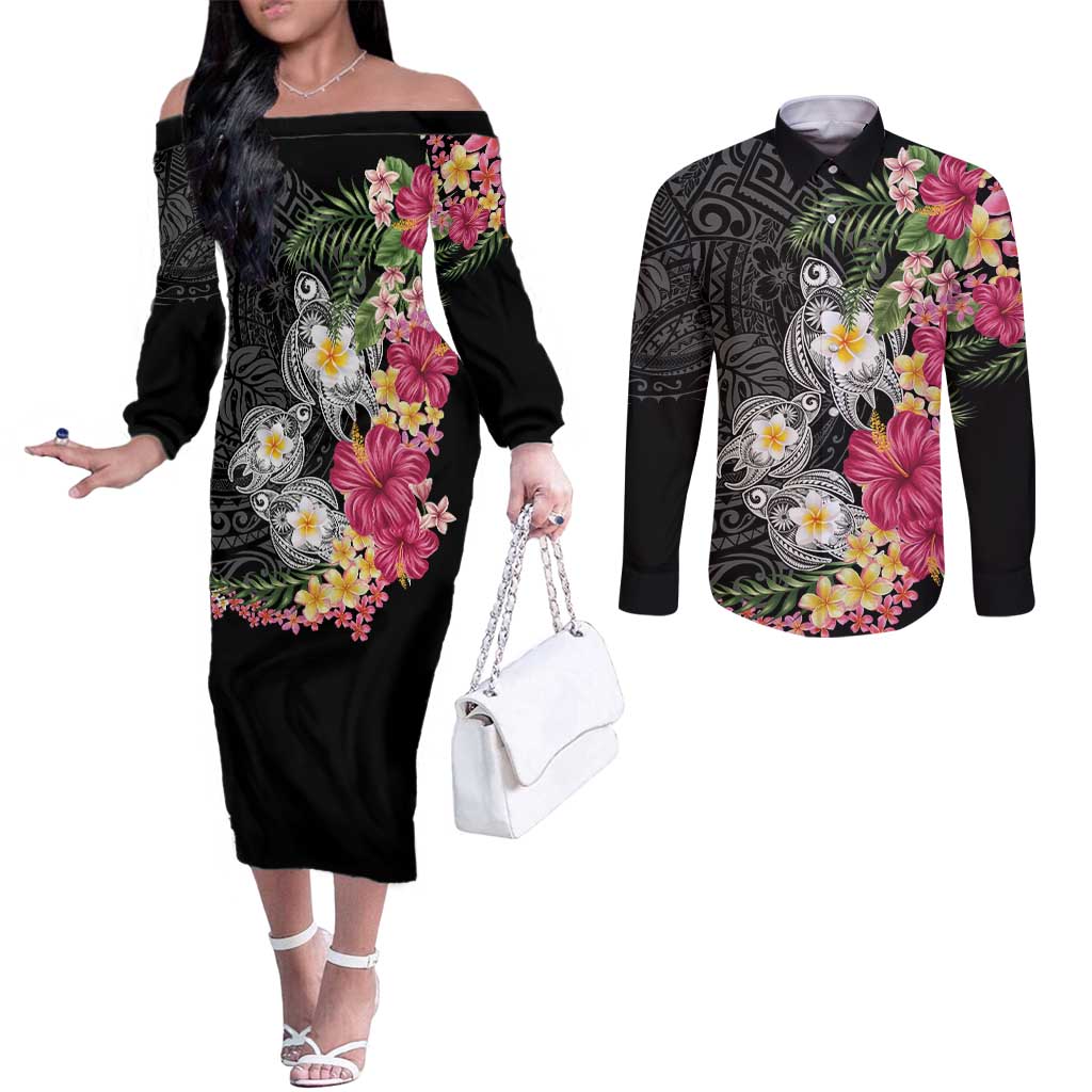 Hawaiian Tropical Flowers and Tribal Turtles Couples Matching Off The Shoulder Long Sleeve Dress and Long Sleeve Button Shirt Polynesian Art Motifs Black Color LT03 Black - Polynesian Pride