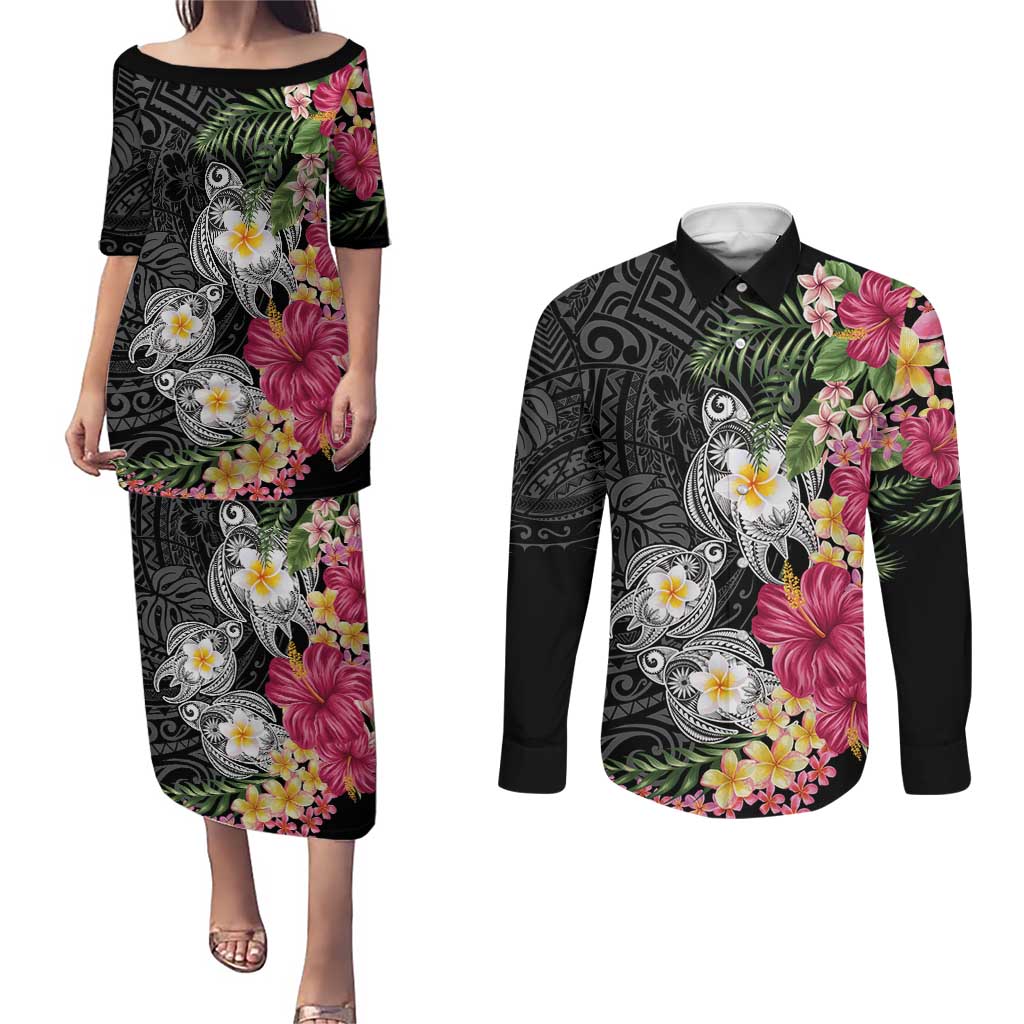 Hawaiian Tropical Flowers and Tribal Turtles Couples Matching Puletasi and Long Sleeve Button Shirt Polynesian Art Motifs Black Color LT03 Black - Polynesian Pride