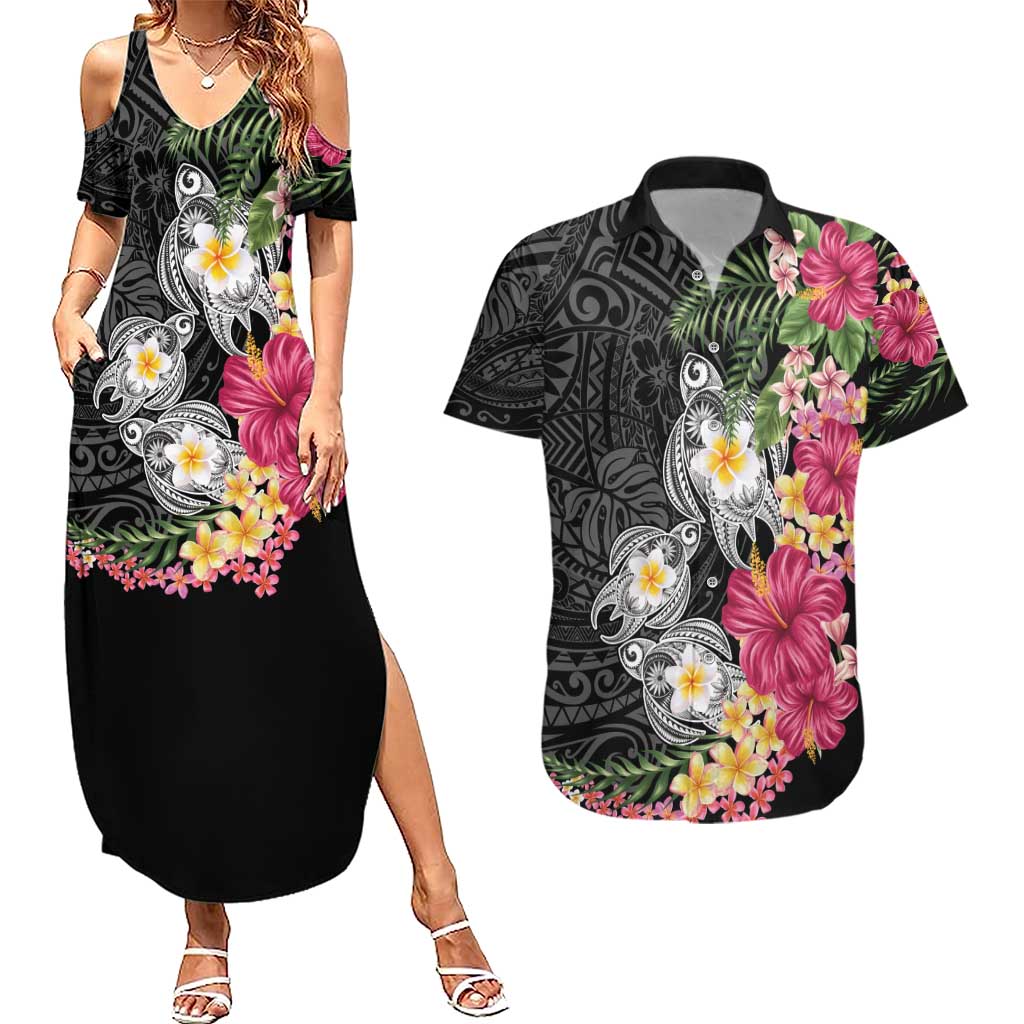 Hawaiian Tropical Flowers and Tribal Turtles Couples Matching Summer Maxi Dress and Hawaiian Shirt Polynesian Art Motifs Black Color LT03 Black - Polynesian Pride