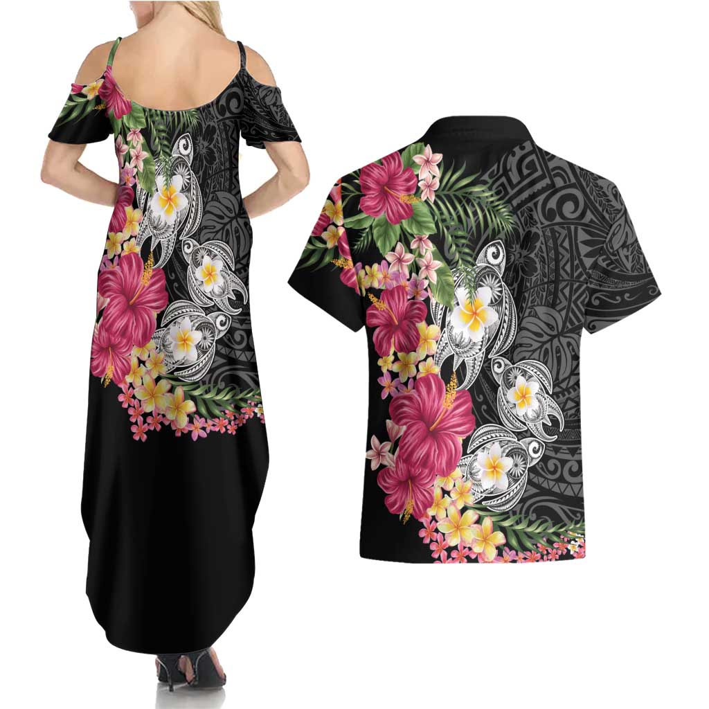 Hawaiian Tropical Flowers and Tribal Turtles Couples Matching Summer Maxi Dress and Hawaiian Shirt Polynesian Art Motifs Black Color LT03 - Polynesian Pride