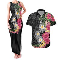 Hawaiian Tropical Flowers and Tribal Turtles Couples Matching Tank Maxi Dress and Hawaiian Shirt Polynesian Art Motifs Black Color LT03 Black - Polynesian Pride