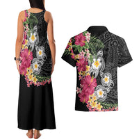 Hawaiian Tropical Flowers and Tribal Turtles Couples Matching Tank Maxi Dress and Hawaiian Shirt Polynesian Art Motifs Black Color LT03 - Polynesian Pride