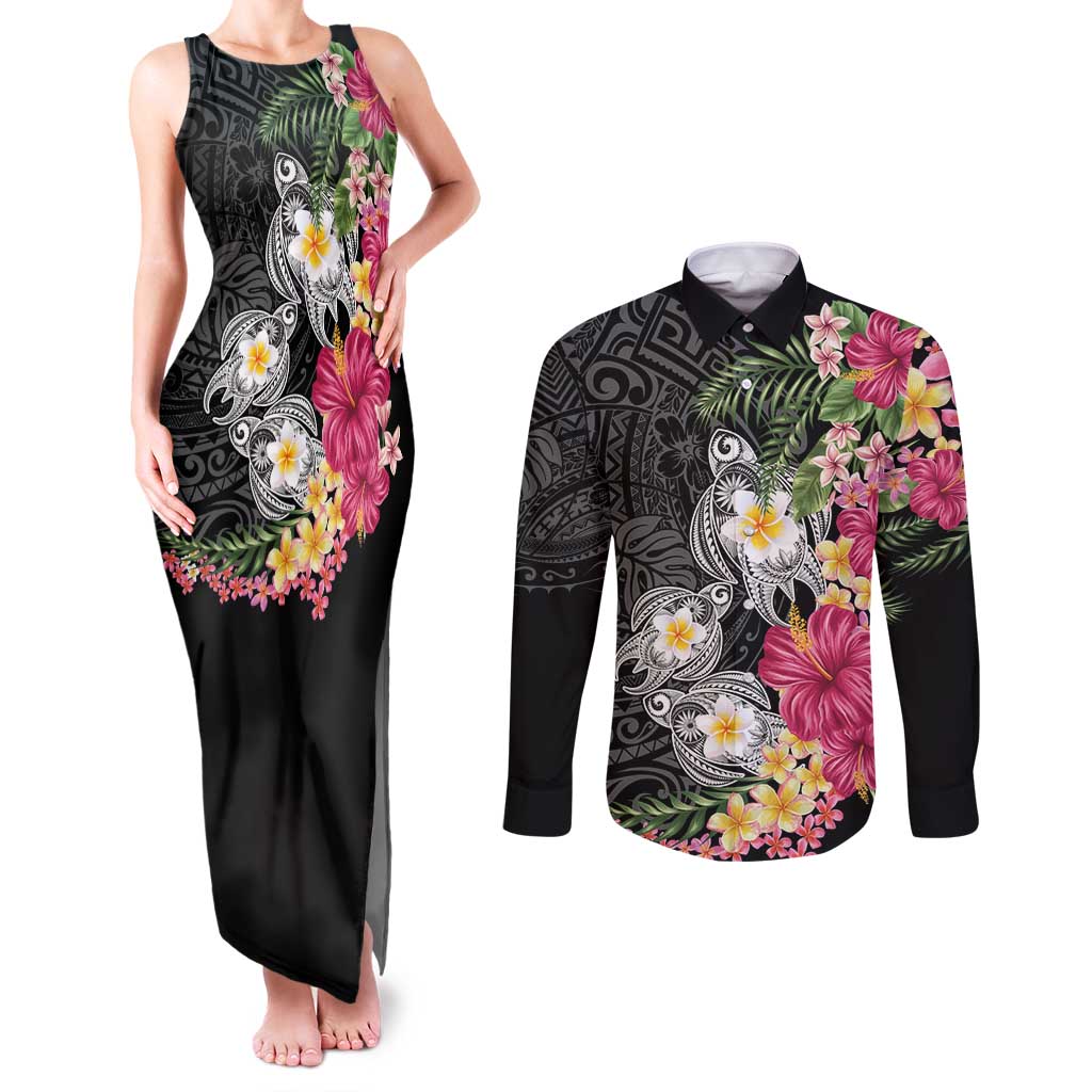 Hawaiian Tropical Flowers and Tribal Turtles Couples Matching Tank Maxi Dress and Long Sleeve Button Shirt Polynesian Art Motifs Black Color LT03 Black - Polynesian Pride